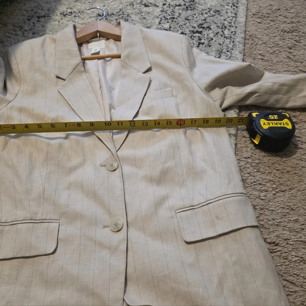 H&M Linen Blend Striped Blazer Womens M Preppy Minimalist Academia Tan Cream